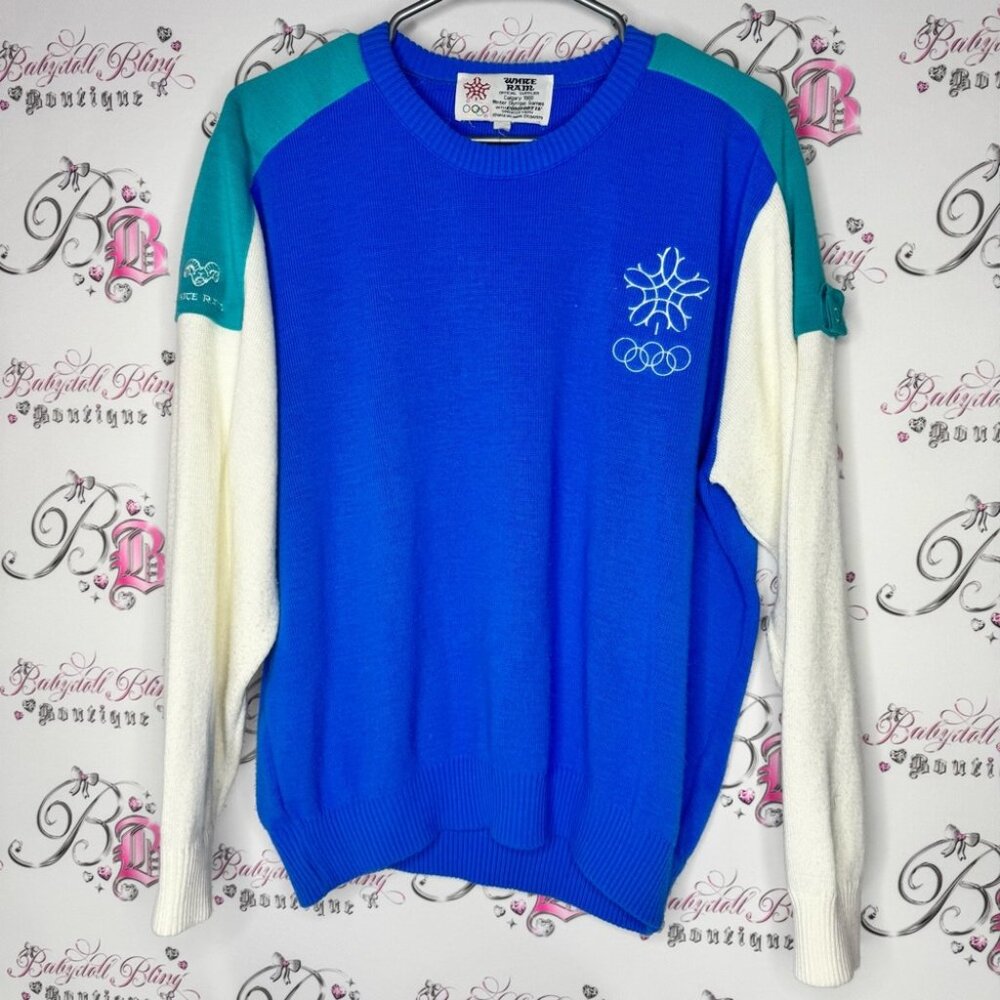 White ram 1988 olympics Blue and White Olympic Sweater snowflake embroidered